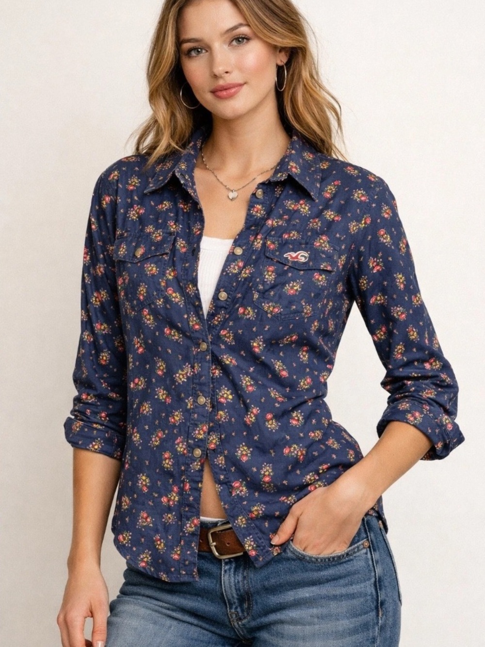 Y2K Hollister Women's Floral Button Down Shirt Top Small Embroidered Boho Preppy